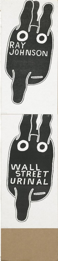 Untitled (Ray Johnson and Wall Street Urinal Bunnies), (1994). Collage on board, 32 x 7 inches. © The Estate of Ray Johnson.