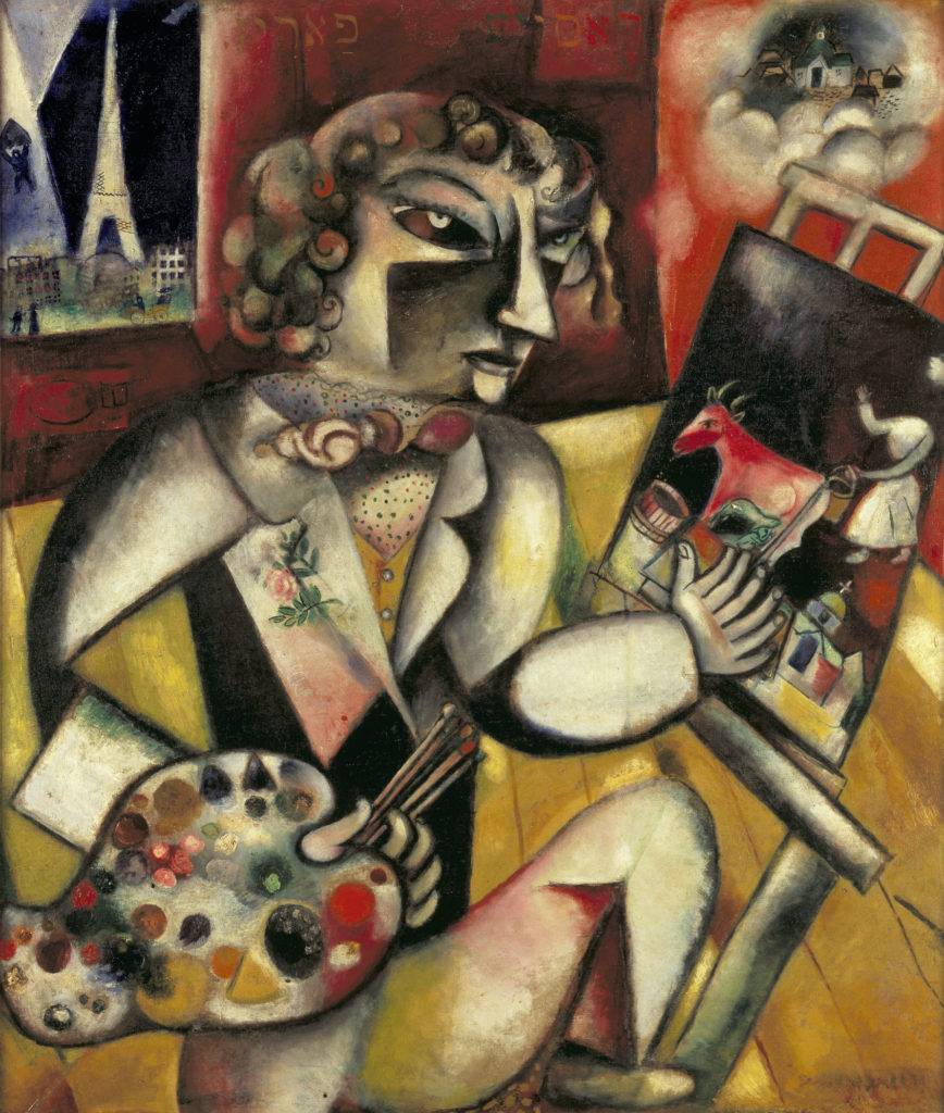 Marc Chagall, Self-Portrait with Seven Fingers, 1912, oil on canvas, 49 5/8 × 42 5/16 in., Stedelijk Museum, Amsterdam, on loan from the Cultural Heritage Agency of the Netherlands, © 2017 Artists Rights Society (ARS), New York/ADAGP, Paris, photo: Banque d’images, ADAGP/Art Resource, NY