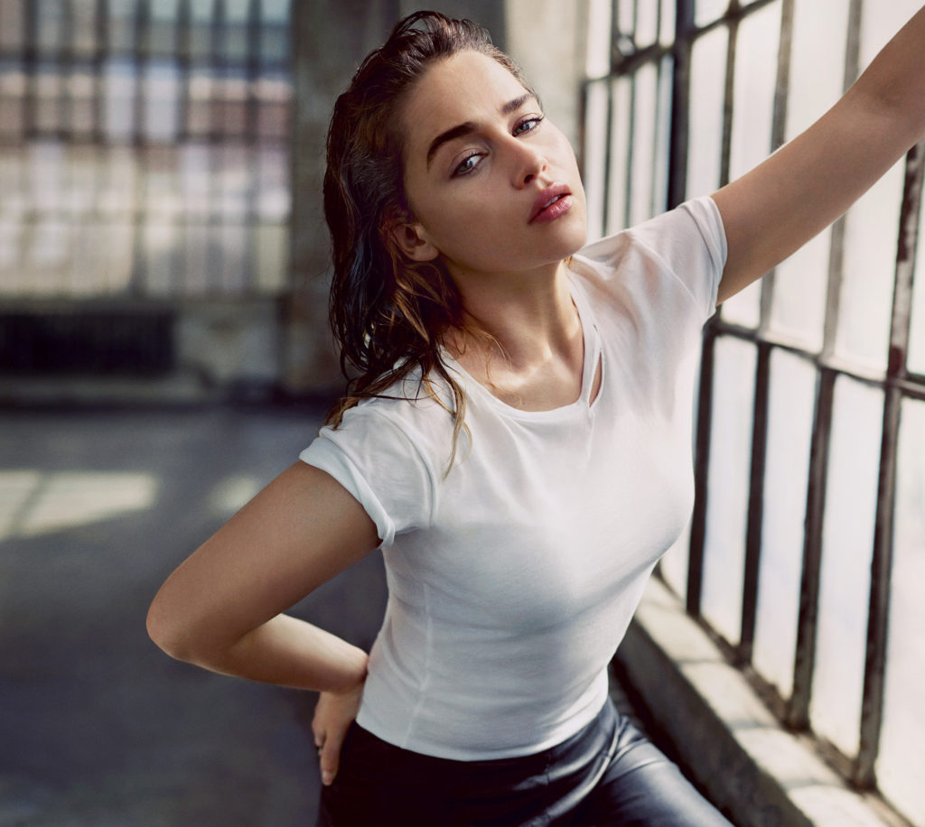 Game of thrones Daenerys' Emilia Clarke looking sexy wearing a white t-shirt