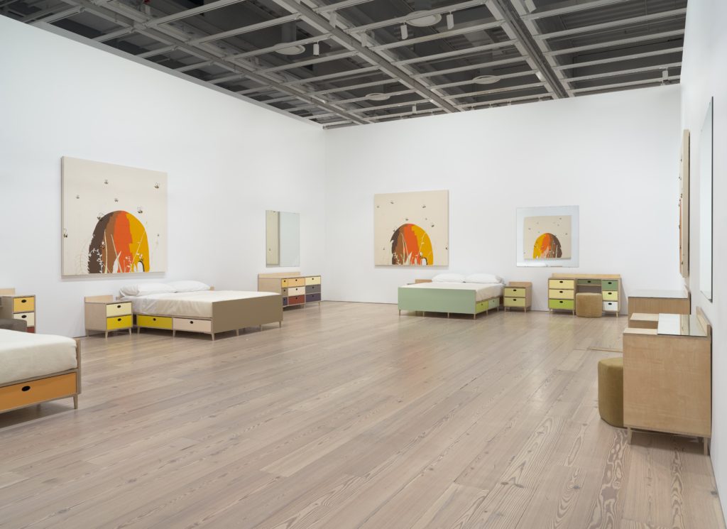 Installation view of Laura Owens at Whitney Museum of American Art, New York. From left to right: Untitled, 1998; Untitled, 1998; Untitled, 1998; Untitled, 1998; Untitled, 1998