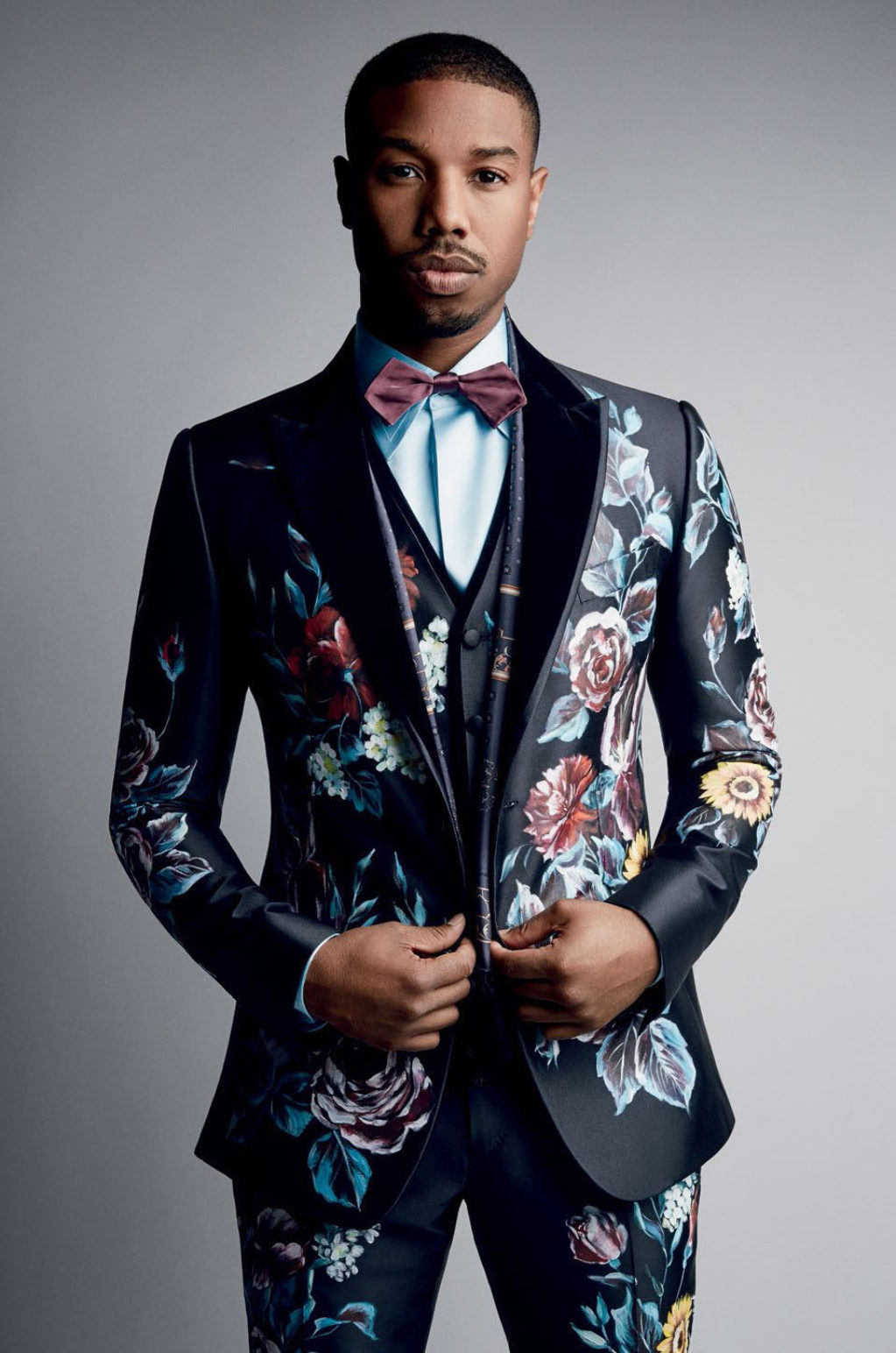Actor Michael P Jordan Wearing a beautiful Gucci floral suit, vest and bow tie