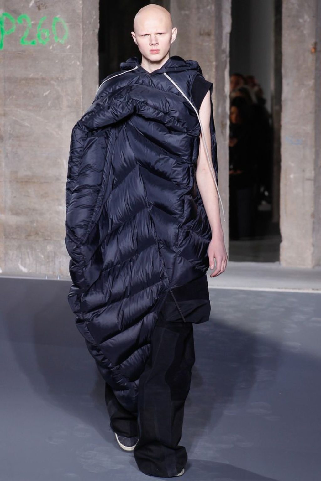 Rick Owens Model Wearing a draped down jacket, Rick Owens Men's Runway, Fall 2016
