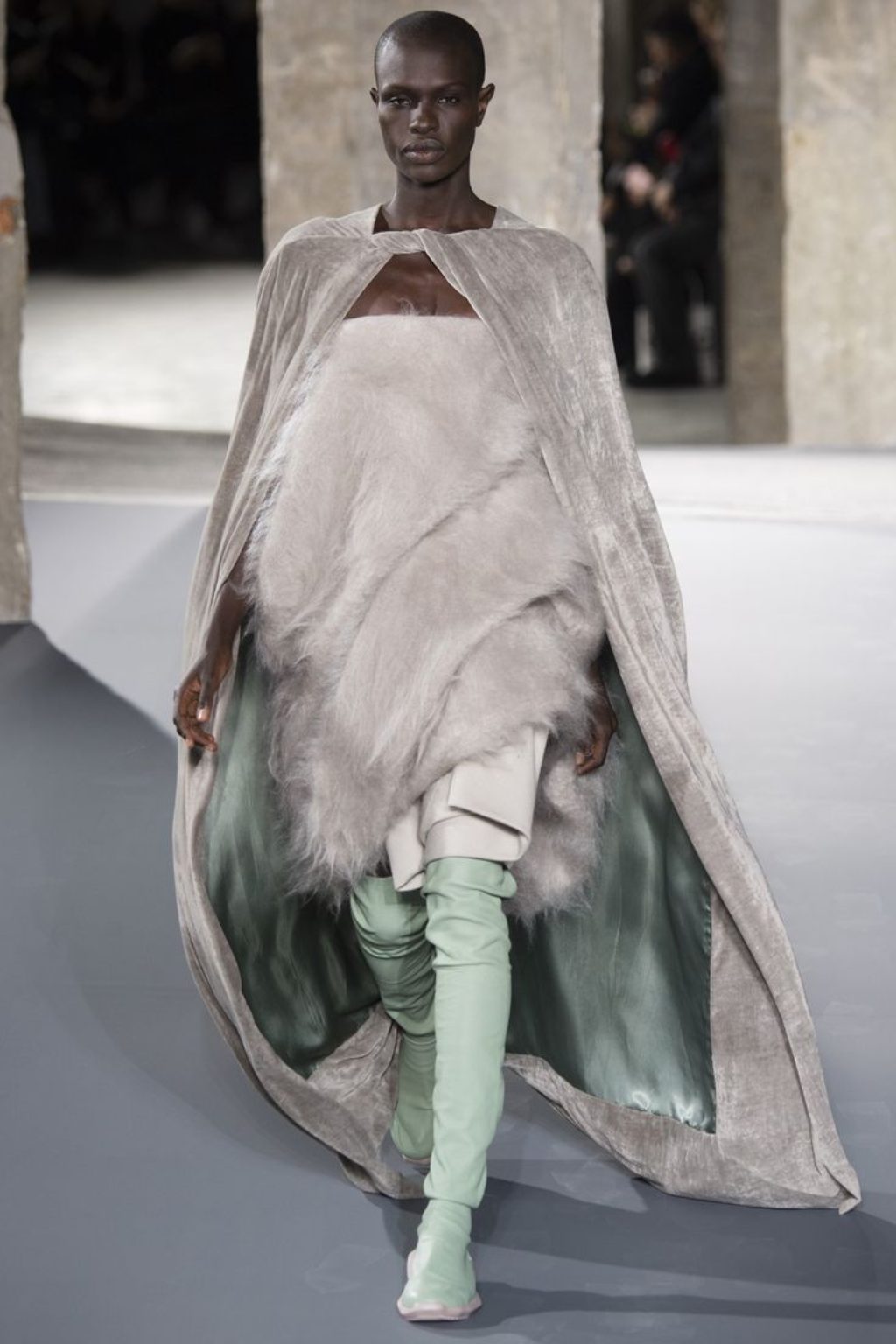 Rick Owen's Male Model Wearing White Fur top and Green Leggings, Rick Owens Runway