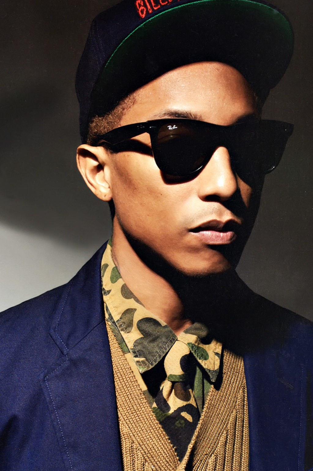 Pharell Wearing Billionaire Boys Club Cap, Camo Shirt and Tie