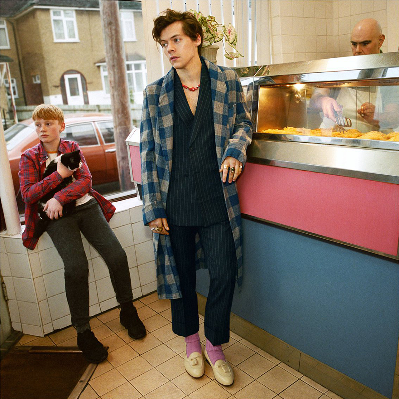 harry styles gucci long plaid coat