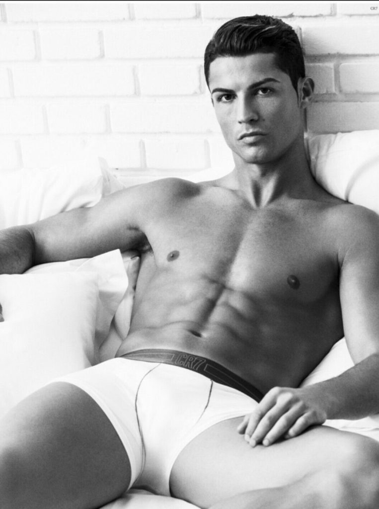 Cropped Black and White Photograph of Footballer Champion Cristiano Ronaldo wearing white Cristiano Ronaldo tight white boxer underwear