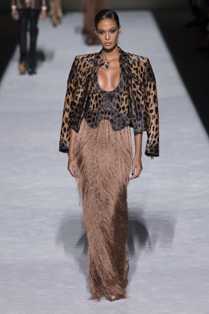 Tom Ford Spring Summer 2019 Runway Model Wearing a sexy low cut leopard top