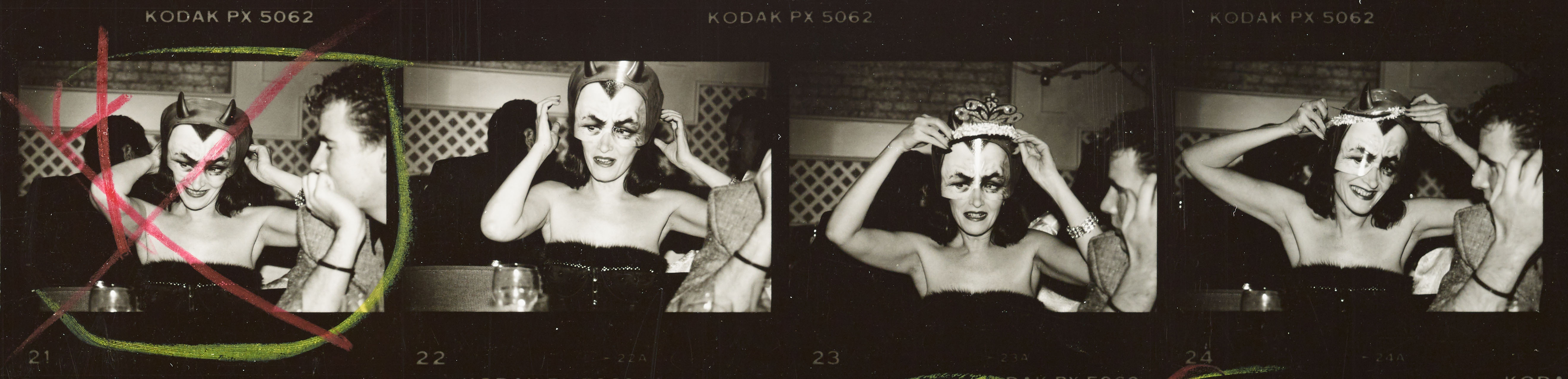 Andy Warhol contact sheet woman in marie antoinette mask