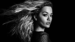 Black and white photo of Rita Ora
