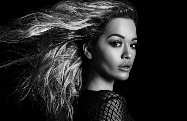 Black and white photo of Rita Ora