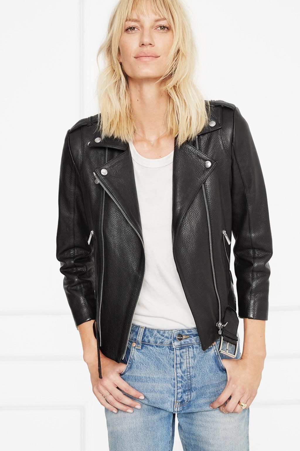 Annie Bing Wearing a Leather Motorcycle Jacket