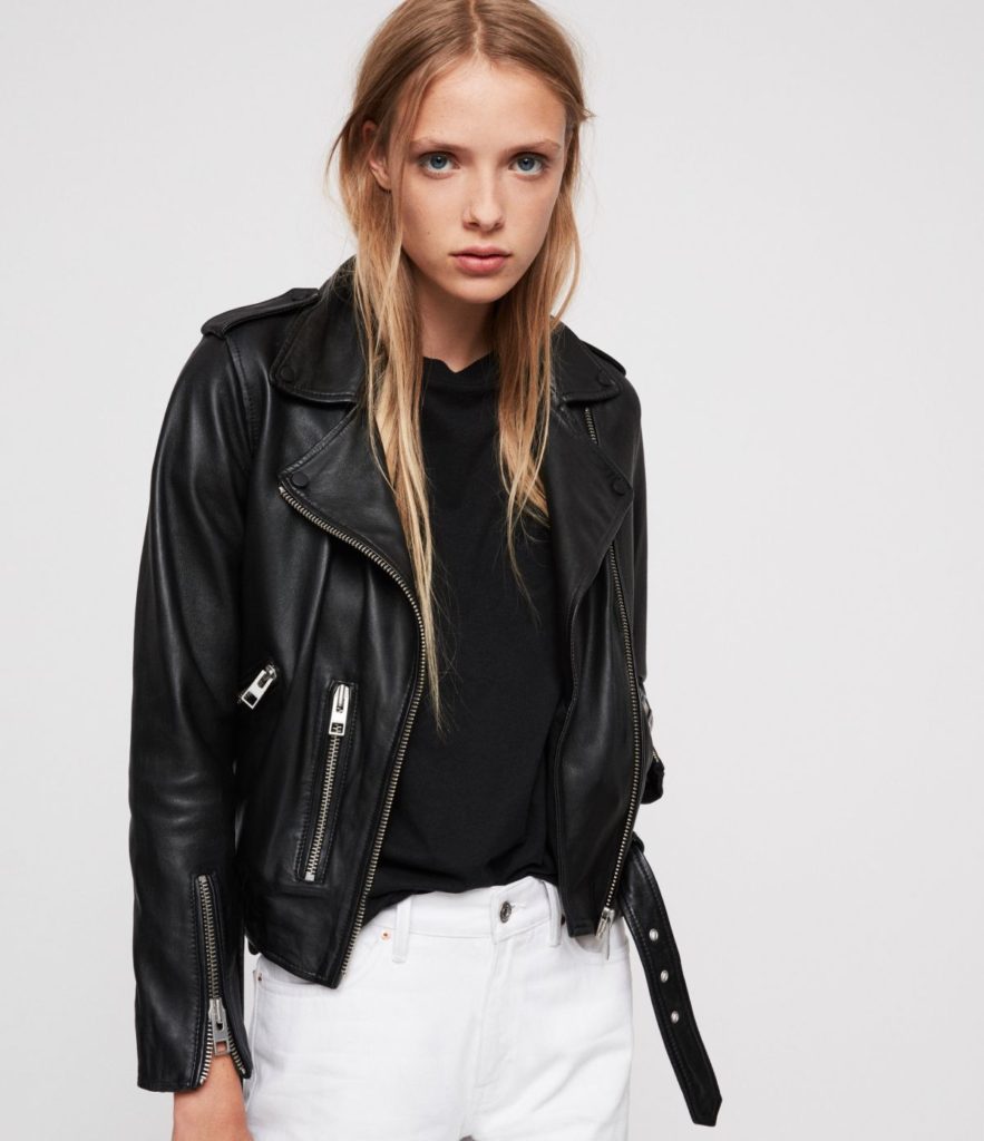 Young Female Model Wearing All Saints Black Leather Motorcycle Jacket