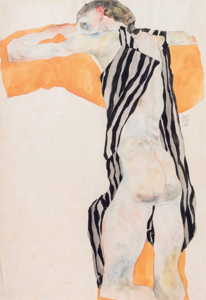 Egon Schiele drawing - Reclining Nude Girl in Striped Smock