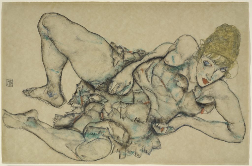 Drawing by Egon Schiele - Reclining Woman with Blonde Hair,