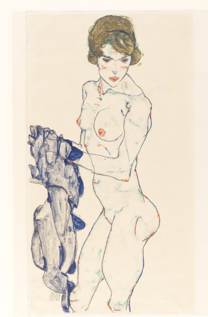 Drawing by Egon Schiele - Standing Female Nude with Blue Cloth