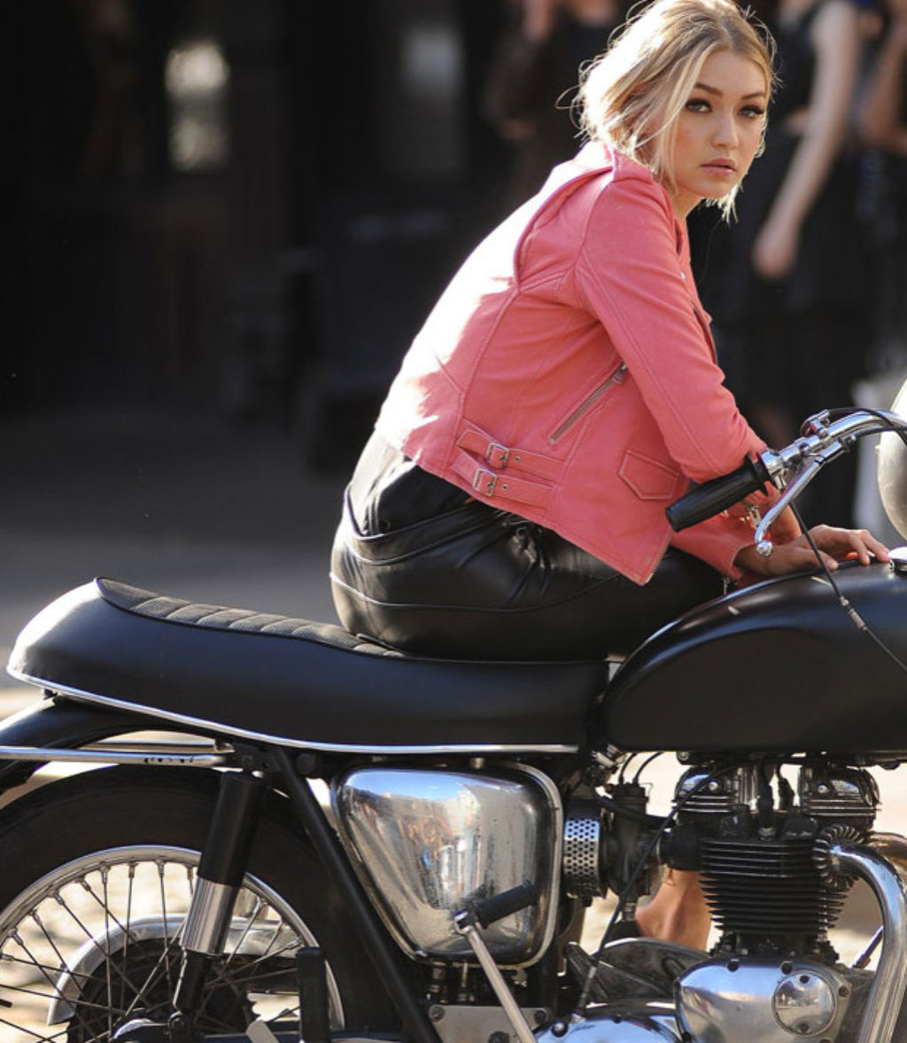 Gigi Hadid Wearing a Pink Leather Motorcycle Jacket