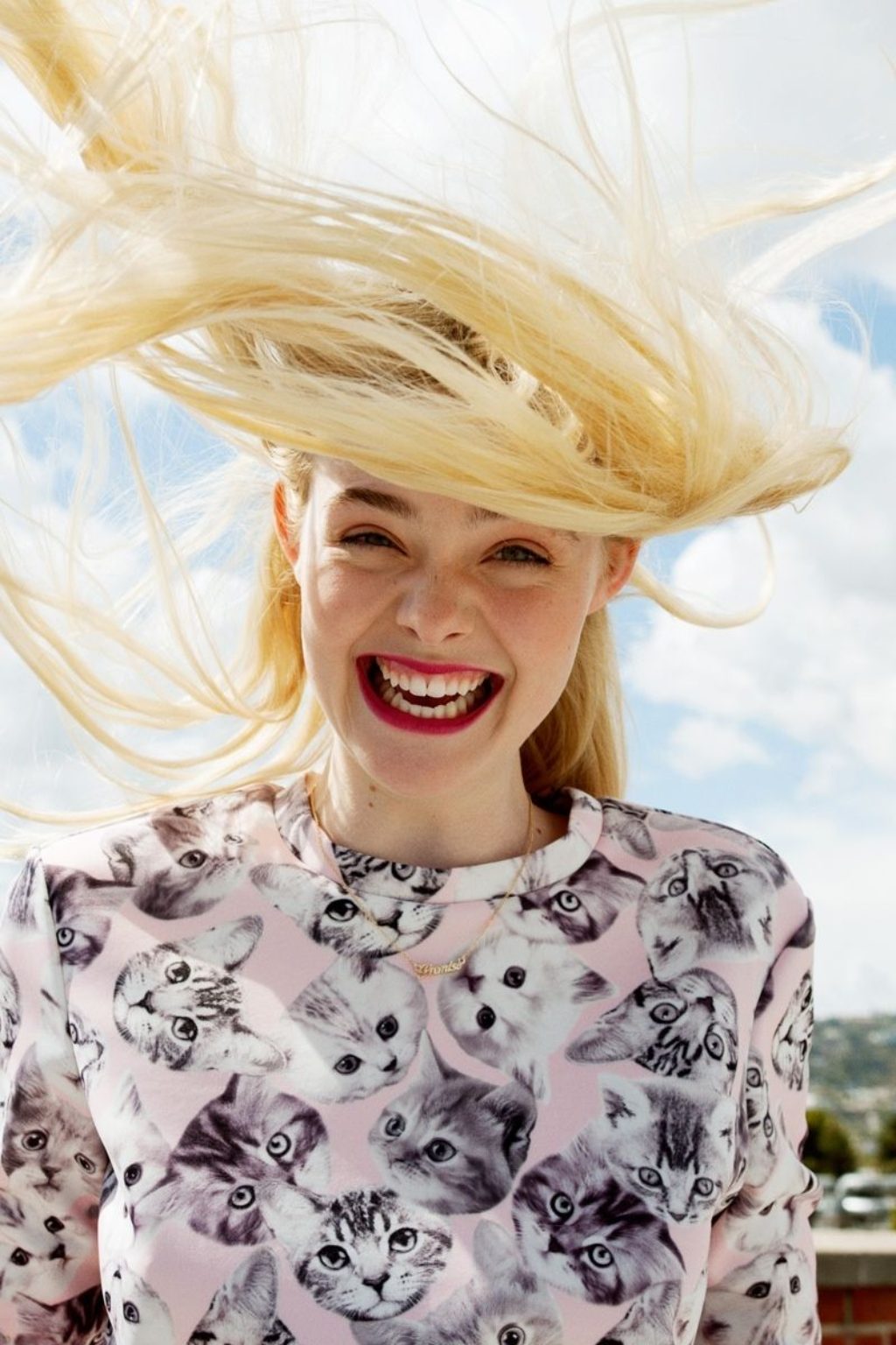 Elle Fanning Wearing Asos Pink Shirt with White Kittens