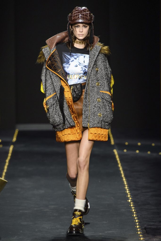 Kai Gerber On the runway-Versace 2019 Fall Collection -wearing brown hat and punk look