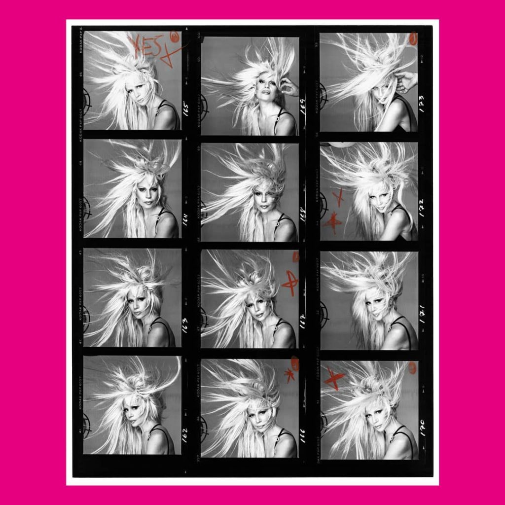 Outakes of Donnatella Versace shot by Avedon with a hot pink border