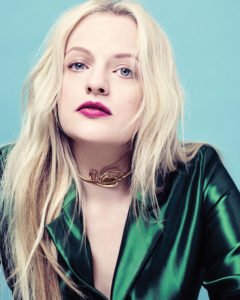 Elizabeth Moss blonde hair red lips green silk