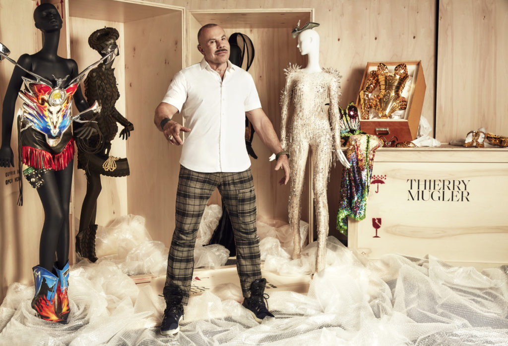 Thierry Mugler in his Studio with 3 mannequins