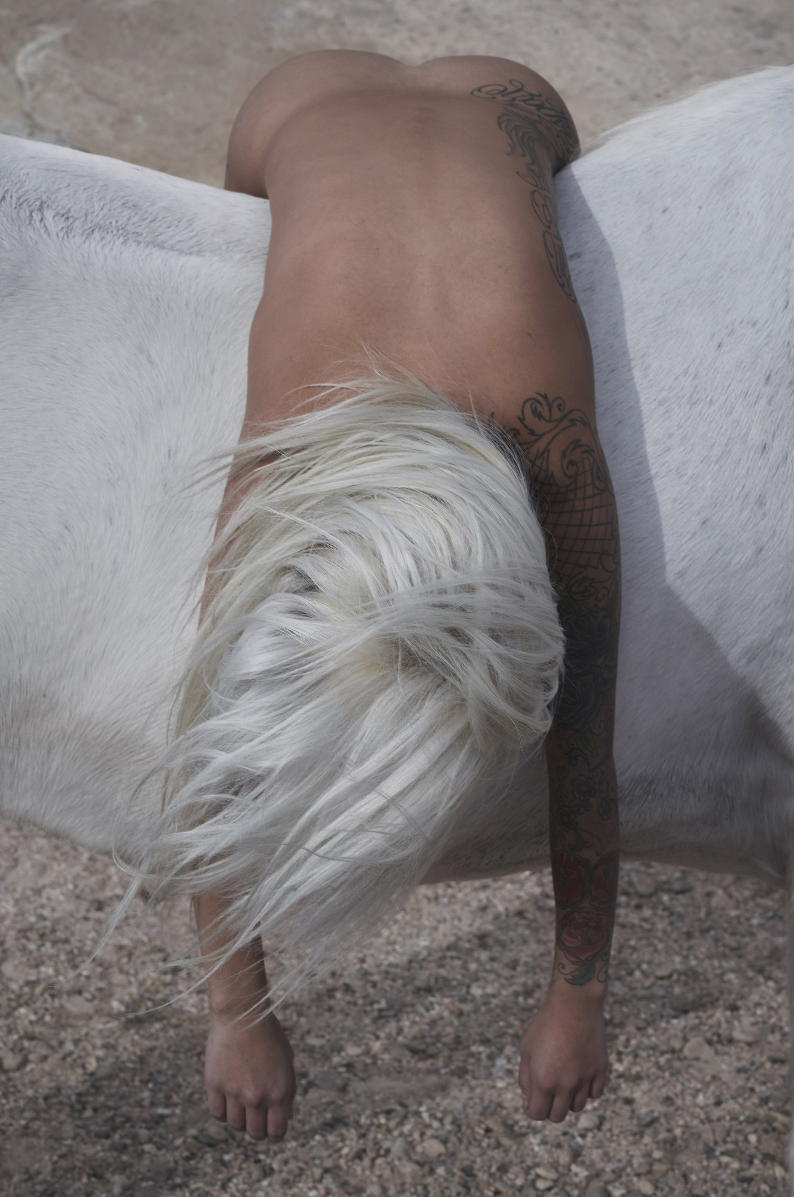 yeezy-zine-image-of-a-naked-body-with-bleach-blond-long-hair-slumped-over-a-white-horse