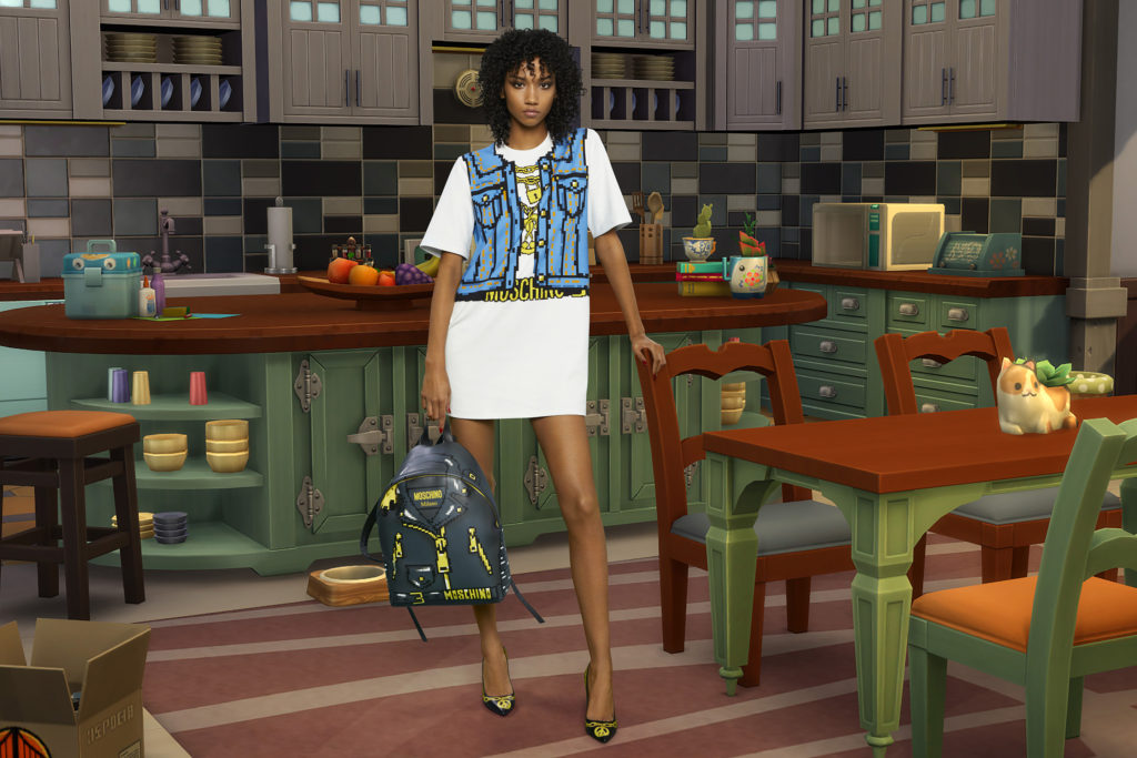 moschino-sims-fashion partnership-model in digital clothing and digital kitchen scene