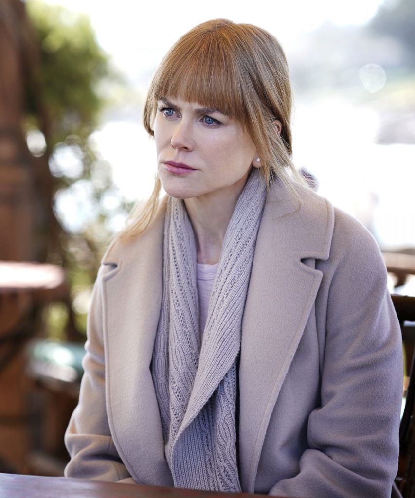 Nicole Kidman as Celeste in Big Little Lies Wearing a soft lilac coat and matching scarf and t shirt