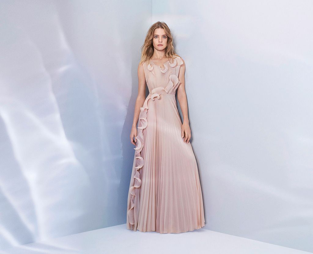 H&M Recycled Light Pink Pleated and Ruffled Gown Worn by Model