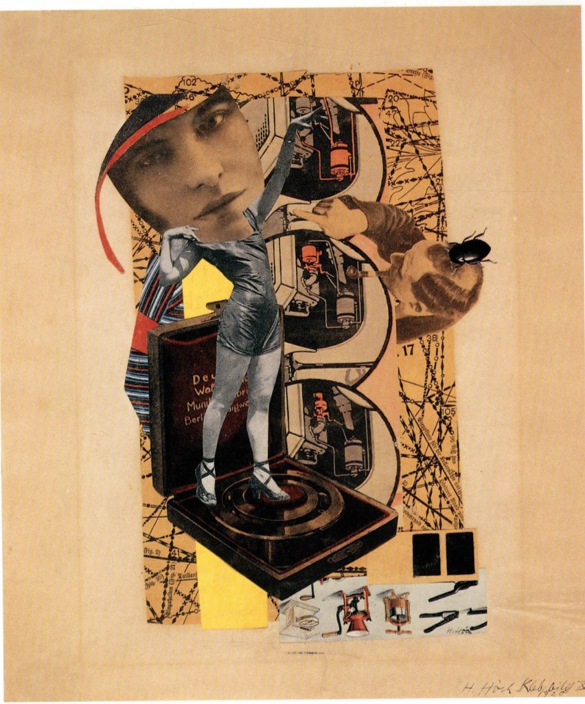 Hanna Hoch Mixed Media Collage with a cut out of an oversized womens face on top of a womens body standing on top of a turntable