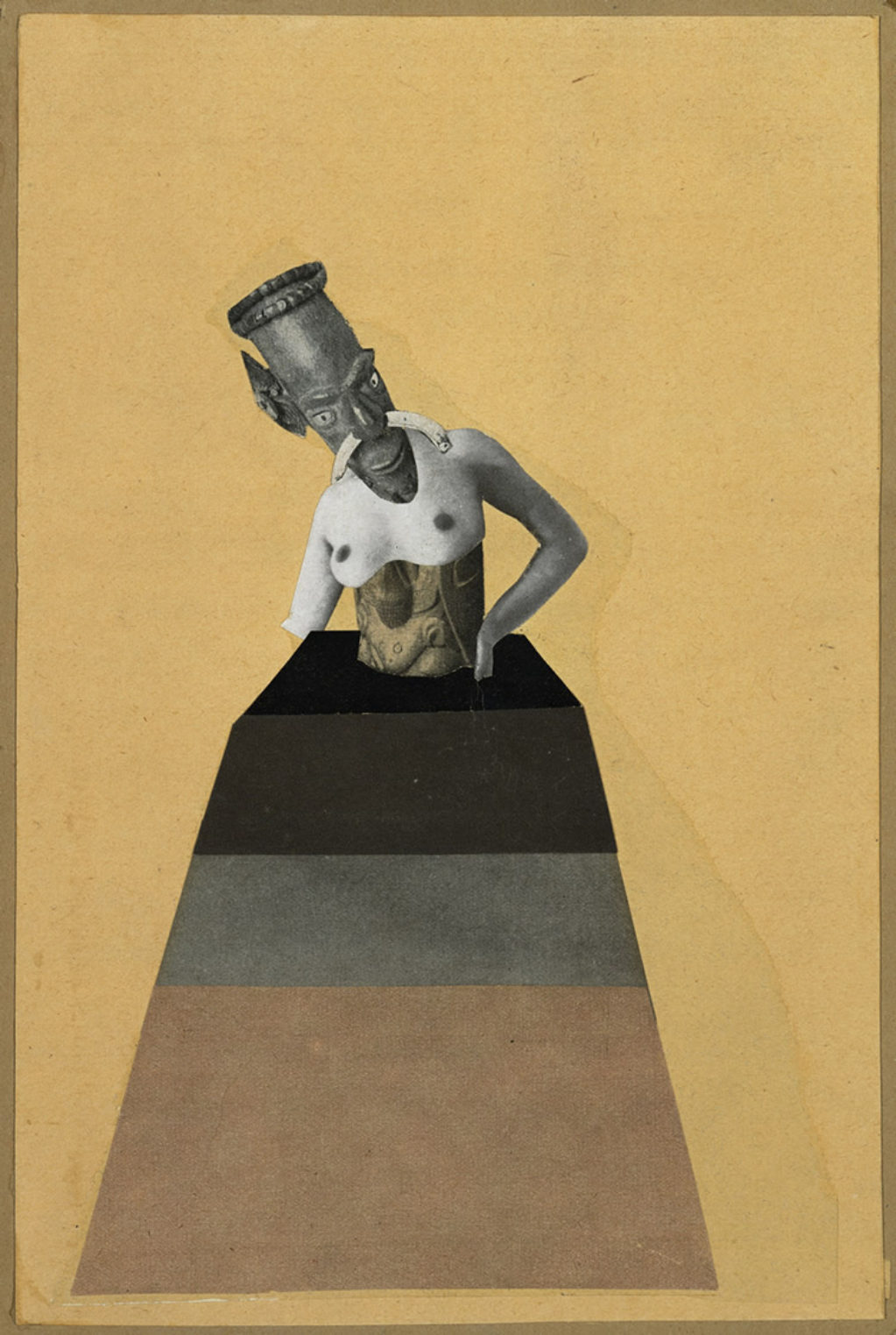 Hannah Hoch Mixed Media Collage of a Mask with a bone Nose Ring on top of a naked womens torso and a platform