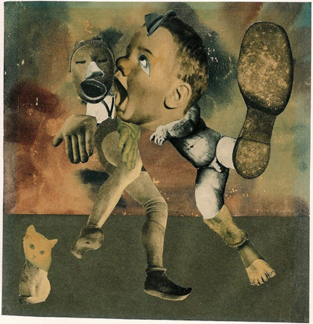 Hannah Hoch Mixed Media Collage of an oversized Little Boys Face with mouth wide open on a little boys body wearing one shoe next to another body and kitten in the left corner