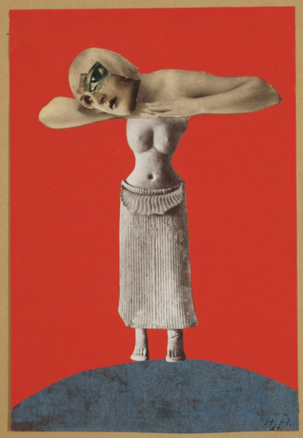 Hannah Hoch Mixed Media Collage with a sculpture of a womens torso and a cut out of a womens head leaning on her arms against a red background