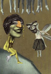 Hannah Hoch Mixed media Humorous Collage of Flying Women with Oversized faces and masks