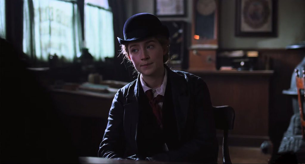 saoirse ronan as jo in Little Women wearing a mens cap tie and jacket