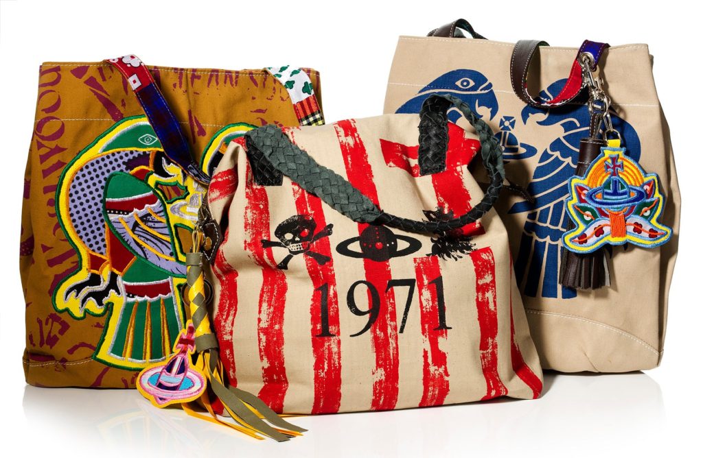 vivienne-westwood-recycled bags_in beige canvas-stripes and colorful patches