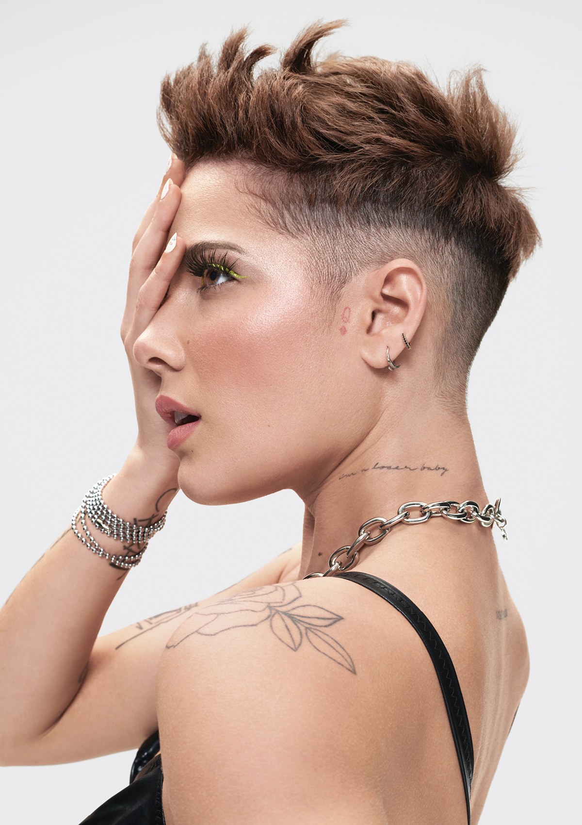 Halsey profile hand on face