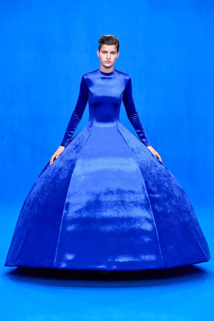 Balenciaga Spring Summer 2020 Model Wearing Royal Blue Oversized Hoop Dress