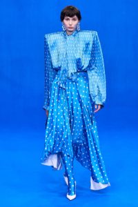 Balenciaga Runway Spring Summer 2020 model wearing light blue polka dots