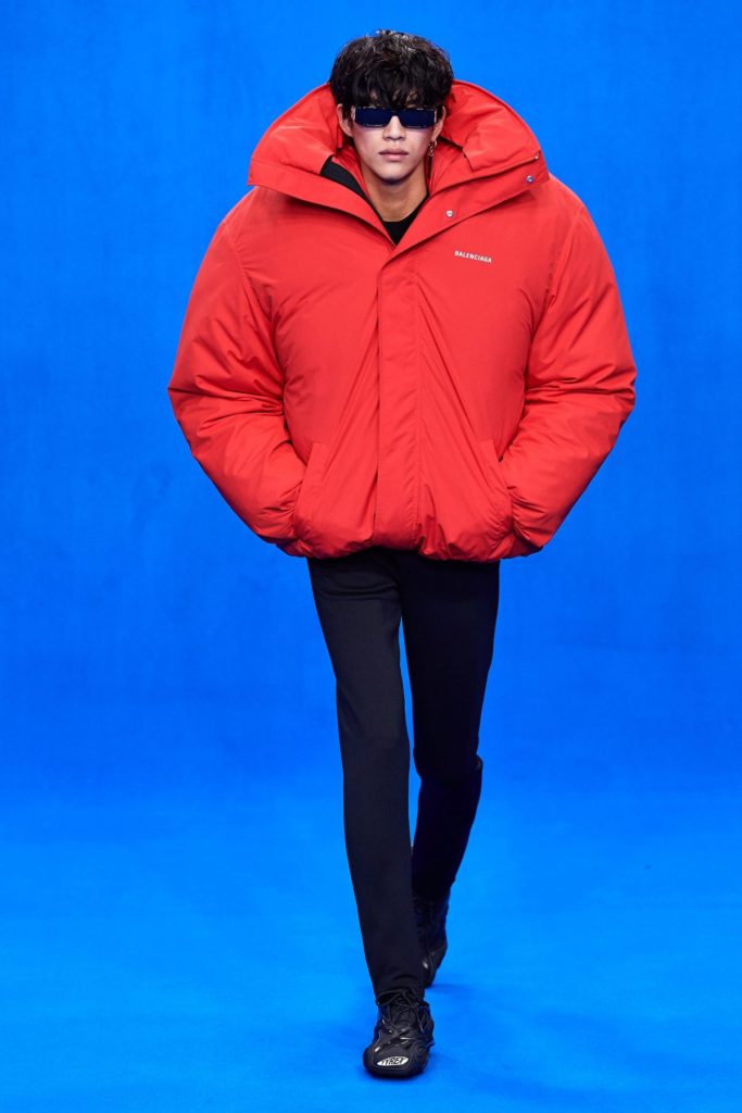 balenciaga-spring-summer-2020-model wearing red oversized puffer jacket