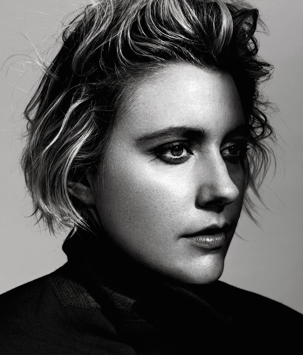 Greta gerwig black and white portrait