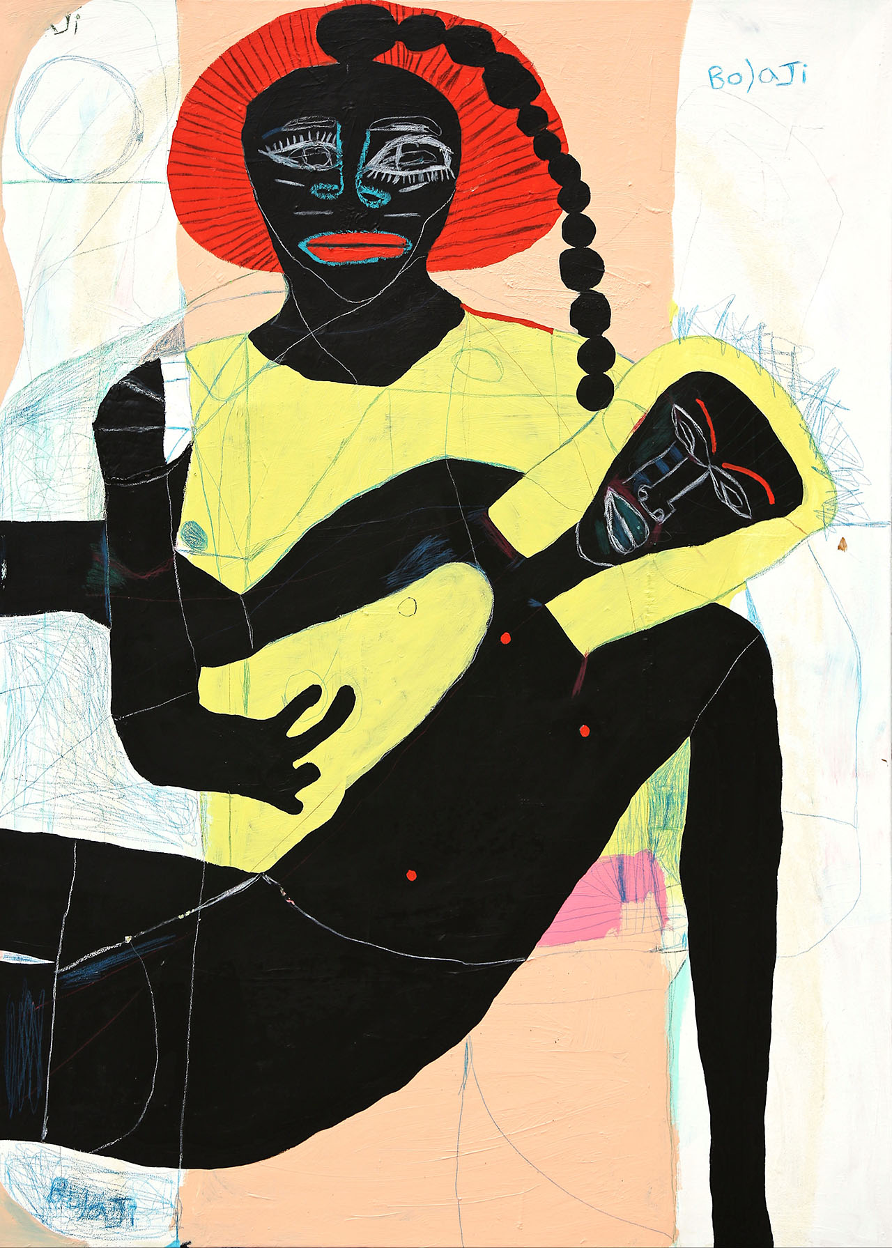Adébayo Bolaji, Black is Beautiful, 2020, Acrylic and Crayon on Coarse Grain Jute, 74 4/5 × 55 1/10 in, 190 × 140 cm, Courtesy of BEERS London