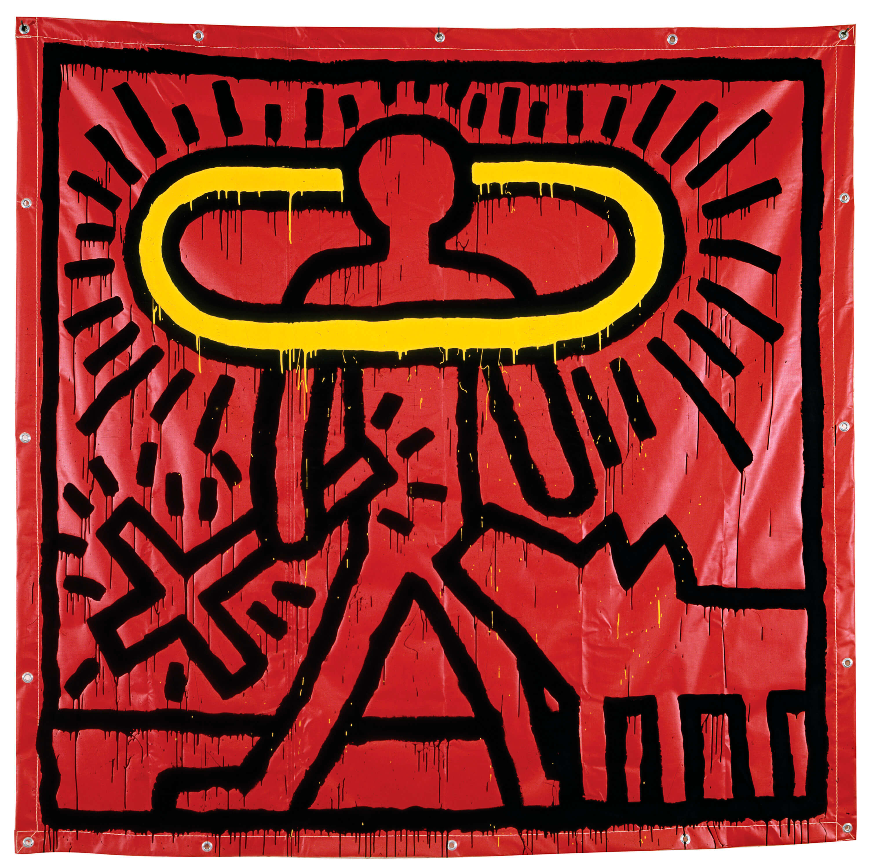 Keith Haring American 1958–90 Untitled 1982 vinyl paint and vinyl ink on vinyl tarpaulin 213.4 x 213.4 cm Private collection © Keith Haring Foundation