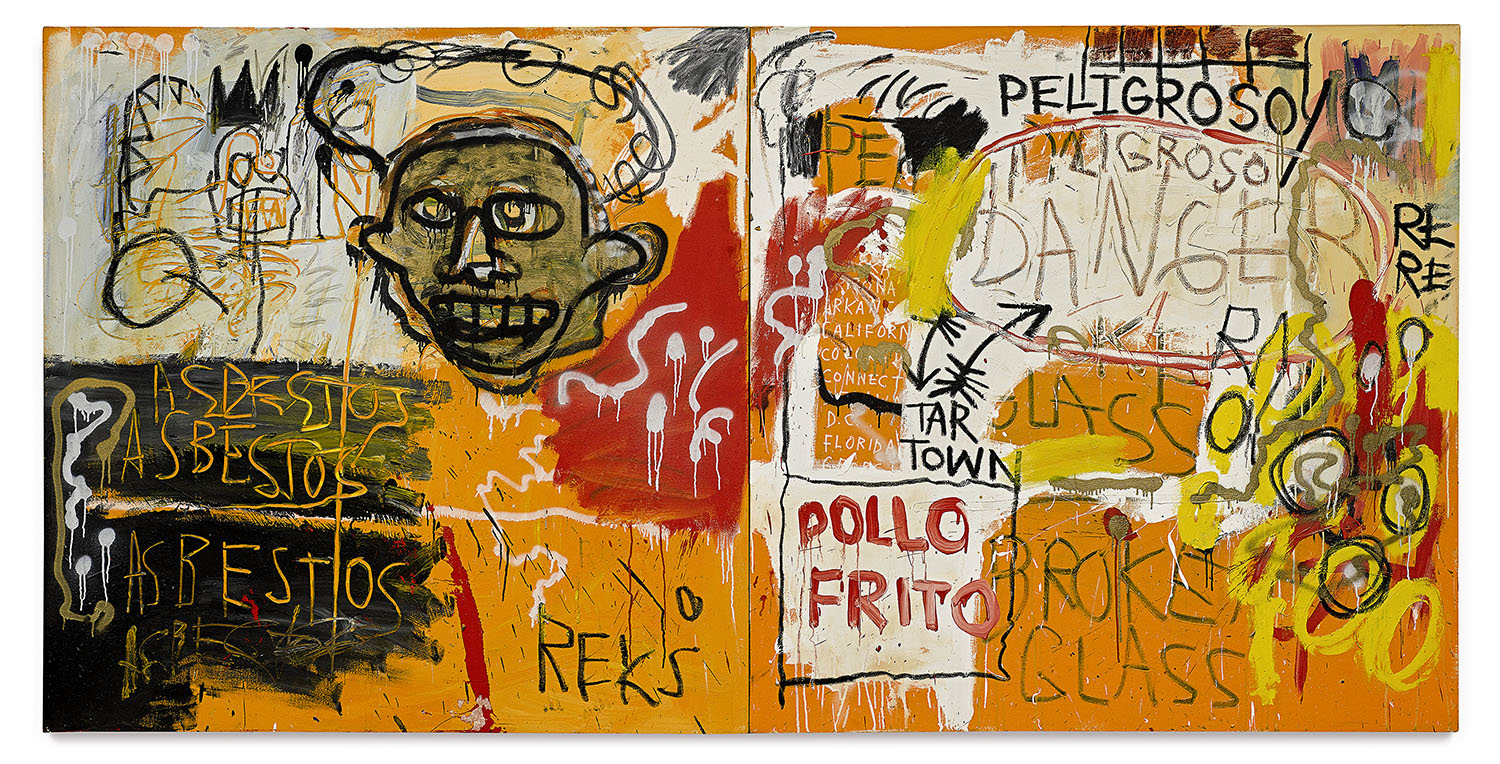 Jean-Michel Basquiat American 1960−88 Untitled (Pollo Frito) 1982 synthetic polymer paint, oilstick and enamel on canvas 152.4 x 306.1 cm Private European collection, courtesy of John Sayegh-Belchatowski © Estate of Jean-Michel Basquiat. Licensed by Artest