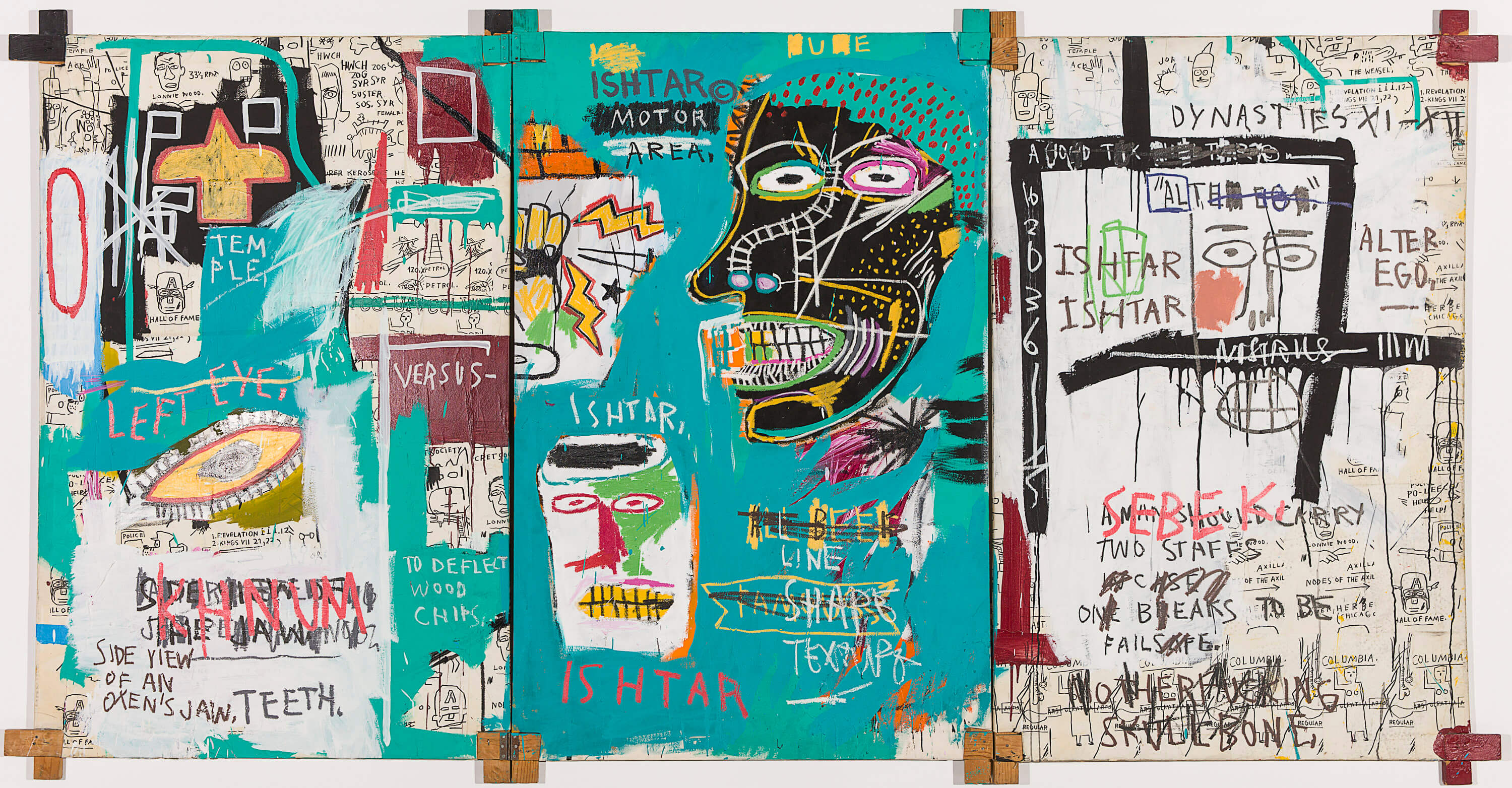 Jean-Michel Basquiat American 1960−88 Ishtar 1983 synthetic polymer paint, wax crayon and photocopy collage on canvas and wood 182.9 x 352.0 cm (overall) Collection Ludwig, Ludwig Forum für Internationale Kunst, Aachen © Estate of Jean-Michel Basquiat. Lic
