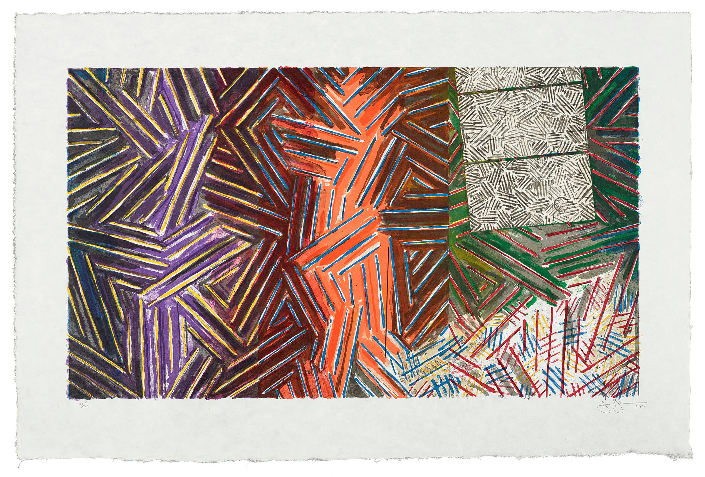 Between the Clock and the Bed, 1989 Lithograph on paper. ed. 23/50 Collection Walker Art Center, Gift of Dr. and Mrs. Stacy Roback, 1991 © Jasper Johns and U.L.A.E./VAGA at Artists Rights Society (ARS), NY Published by Universal Limited Art Editions