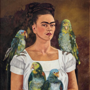Frida Kahlo, Me and My Parrots, 1941. Oil on canvas, 32 5/16 × 24 3/4 in. (82 × 62.8 cm). Private collection. © 2020 Banco de México Diego Rivera Frida Kahlo Museums Trust, Mexico, D.F. / Artists Rights Society (ARS), New York