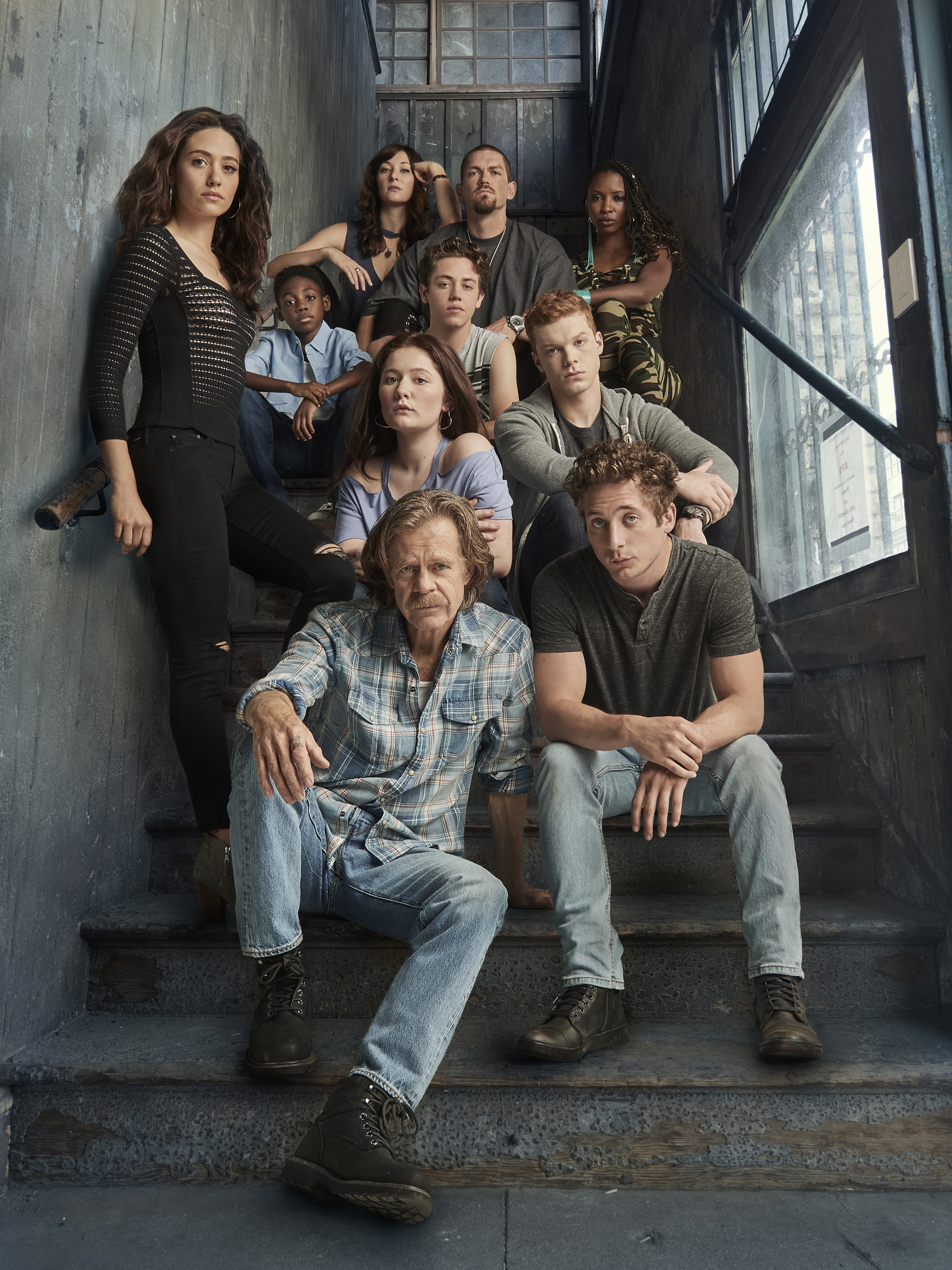Cameron Monaghan as Ian Gallagher, Emma Kenney as Debbie Gallagher, Emmy Rossum as Fiona Gallagher, Christian Isaiah as Liam Gallagher, Jeremy Allen White as Lip Gallagher, Ethan Cutkosky as Carl Gallagher, Steve Howey as Kevin Ball and Shanola Hampton as Veronica Fisher, William H. Macy as Frank Gallagher in Shameless (Season 8) - Photo: Brian Bowen Smith/SHOWTIME