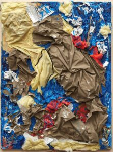 Gilberto Rivera, An Institutional Nightmare, 2012. Federal prison uniform, commissary papers, floor wax, prison reports, newspaper, acrylic paint on canvas. 32.25 x 24.25 inches. Collection Jesse Krimes.