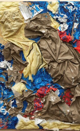 Gilberto Rivera, An Institutional Nightmare, 2012. Federal prison uniform, commissary papers, floor wax, prison reports, newspaper, acrylic paint on canvas. 32.25 x 24.25 inches. Collection Jesse Krimes.
